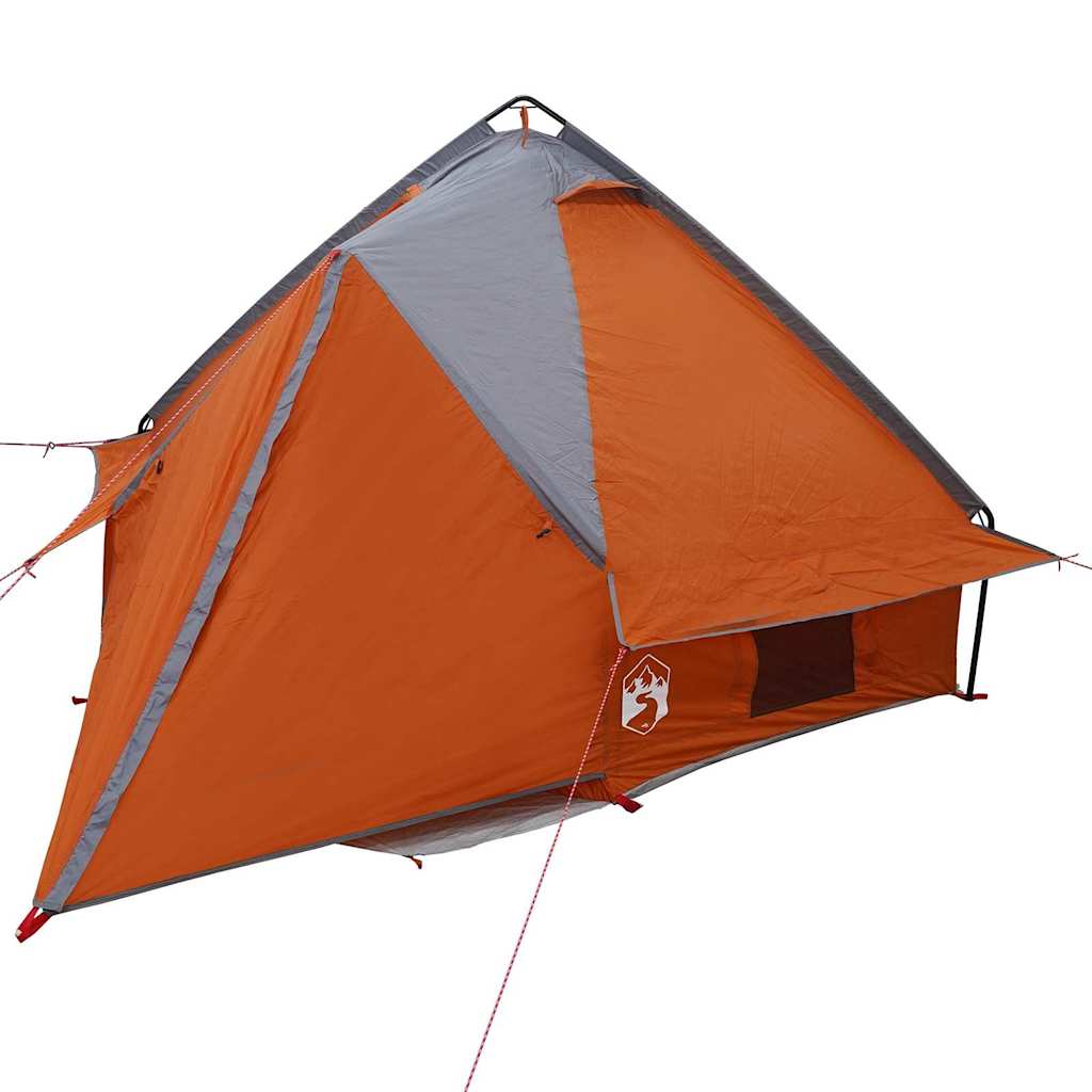 Detail van de grijs-oranje vidaXL Teepee Tent met een schuin dak en ventilatieopening.