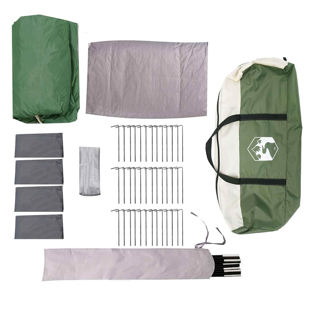 Detail van de accessoires en tentonderdelen van de vidaXL gezinstent in groen en wit.
