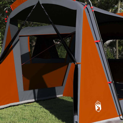 Detail van de grijze en oranje vidaXL gezinstent met een grote zijraam.