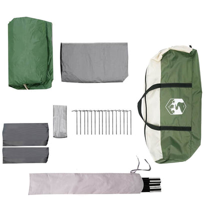 Detail van de groene en grijze vidaXL familietent met accessoires en draagtas.
