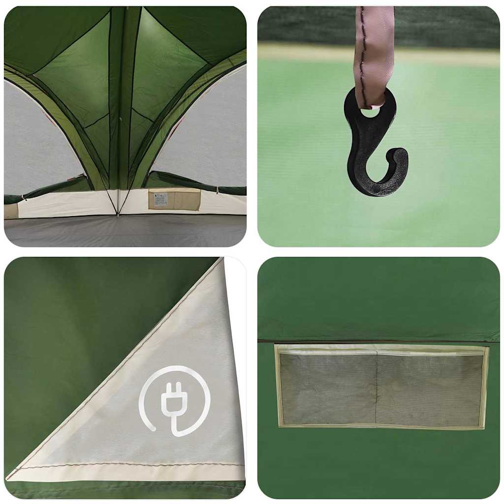 Detail van de groene vidaXL familietent met haak en ventilatieroosters.