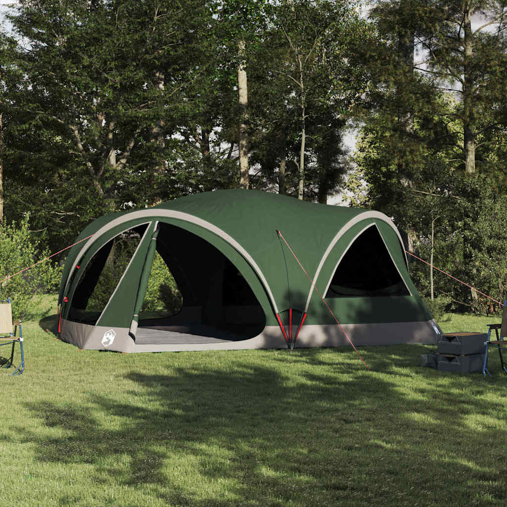 Familietent vidaXL voor 10 personen in groen en grijs, opgesteld in een groene omgeving.