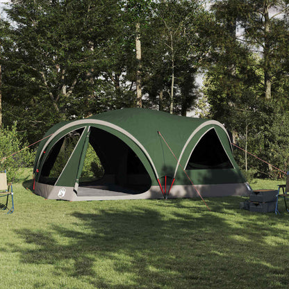 Familietent vidaXL voor 10 personen in groen en grijs, opgesteld in een groene omgeving.