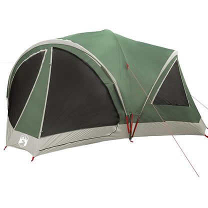 Zijaanzicht van de vidaXL familietent in groen en grijs met open ingangen.