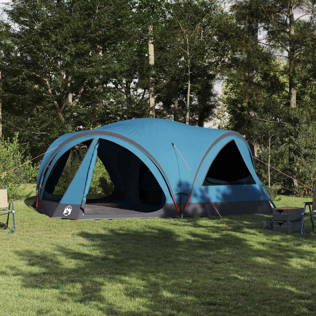 Blauwe vidaXL familietent voor 10 personen, ruime opstelling in een groene omgeving.