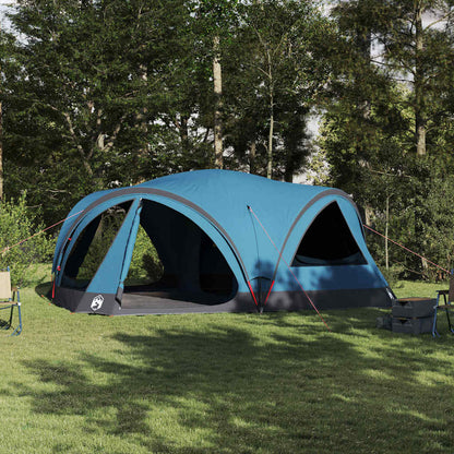Blauwe vidaXL familietent voor 10 personen, ruime opstelling in een groene omgeving.