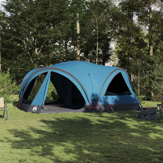 Blauwe vidaXL familietent voor 10 personen, ruime opstelling in een groene omgeving.