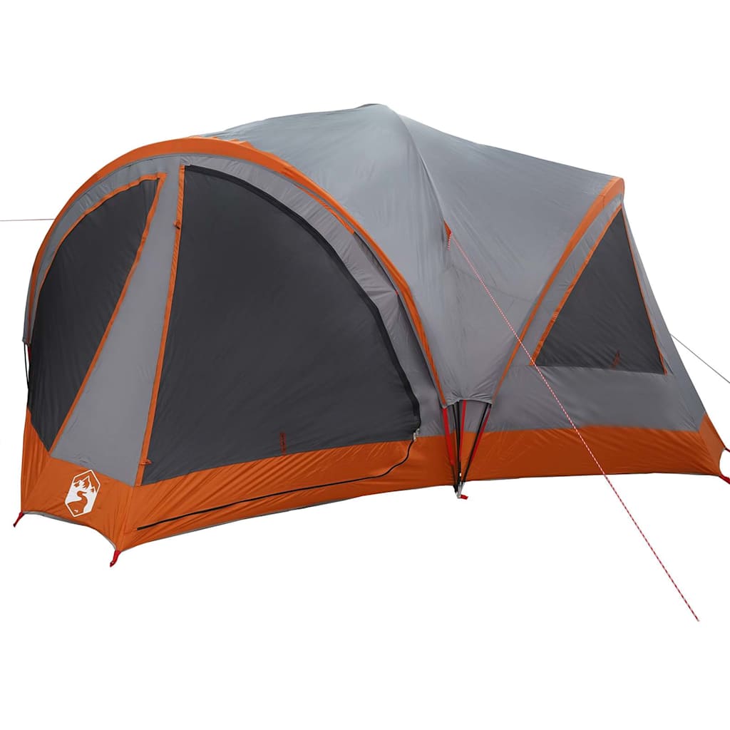 Detail van de grijze vidaXL familietent met oranje accenten en grote ventilatieopeningen.