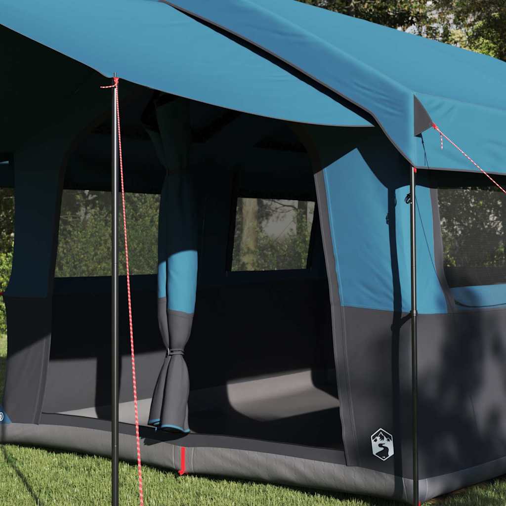 Detail van de vidaXL familietent in blauw en grijs, met open zijwand en ventilatieroosters.