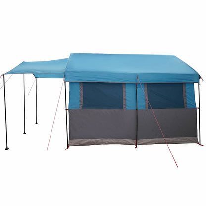 Zijaanzicht van de vidaXL Familietent in blauw en grijs met een uitklapbaar luifel.