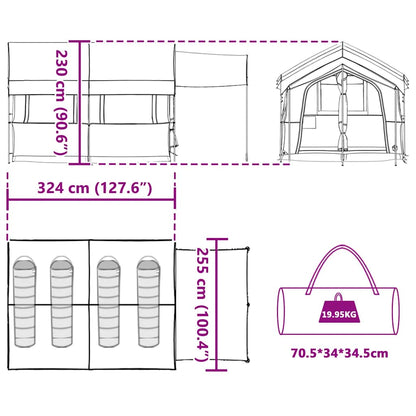 Detailtekening van de vidaXL familietent met afmetingen en indeling voor 4 personen.