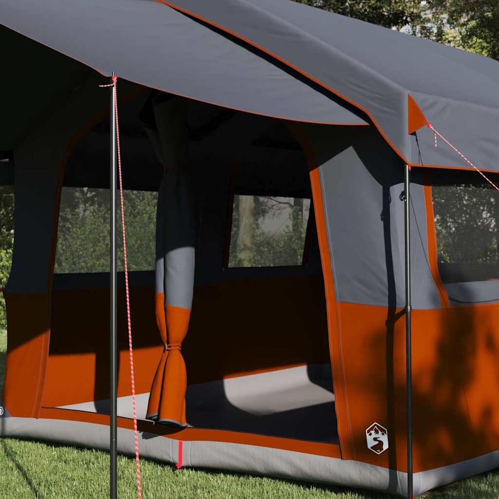 Detail van de vidaXL Familietent met grijs en oranje kleur, zijaanzicht van de ingang.