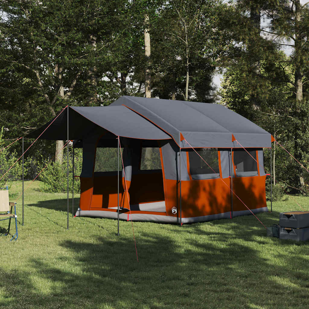 Familietent vidaXL voor 4 personen in grijs en oranje, met ruime opstelling in de natuur.