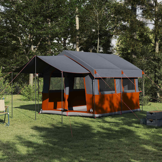Familietent vidaXL voor 4 personen in grijs en oranje, met ruime opstelling in de natuur.