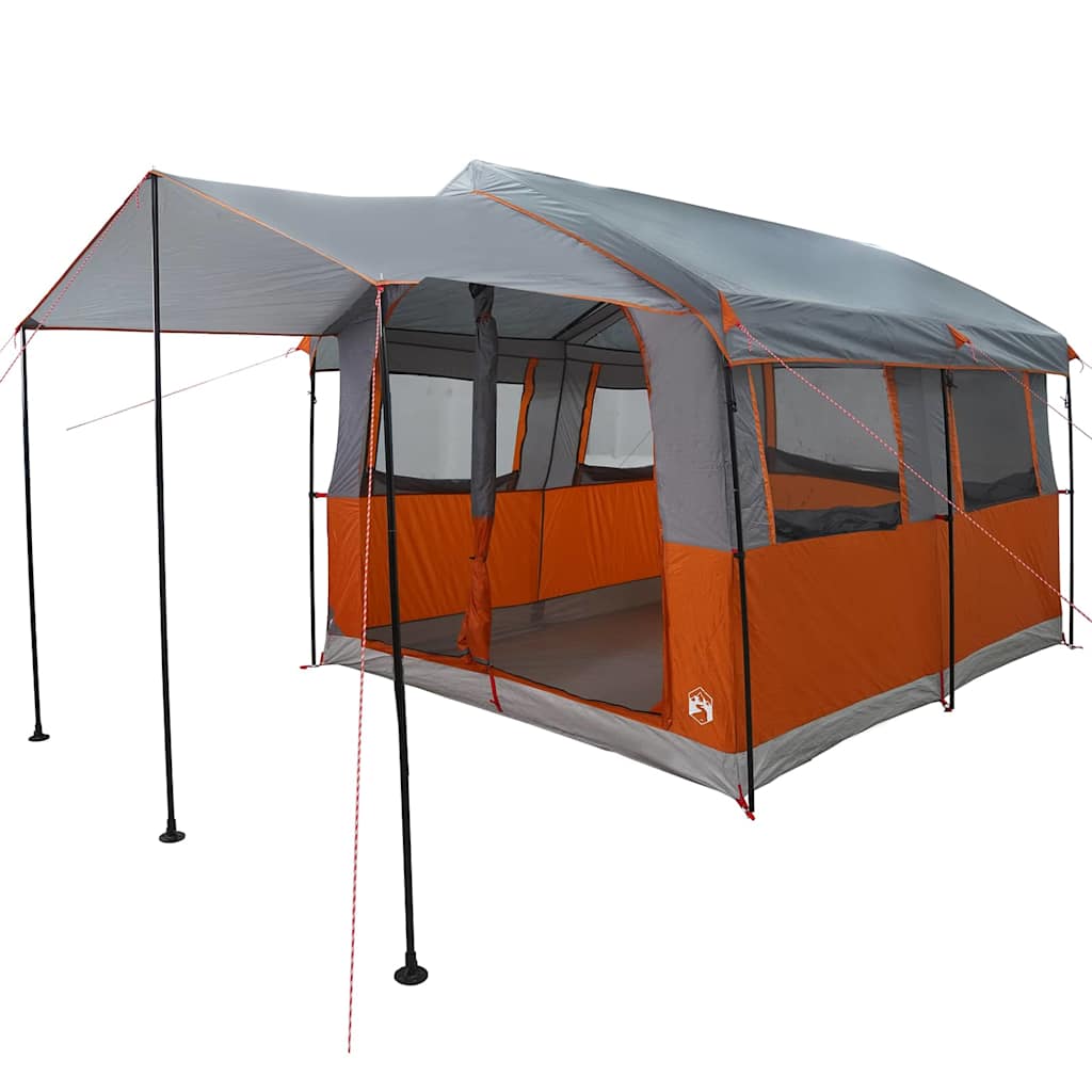 Detail van de vidaXL Familietent voor 4 personen, grijs met oranje accenten en zijaanzicht.