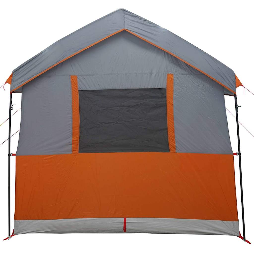 Detail van de grijze vidaXL familietent met oranje accenten en een grote ventilatieraam.