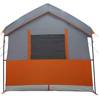 Detail van de grijze vidaXL familietent met oranje accenten en een grote ventilatieraam.