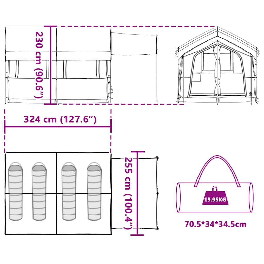 Detailtekening van de vidaXL Familietent voor 4 Personen met afmetingen en opbergzak.