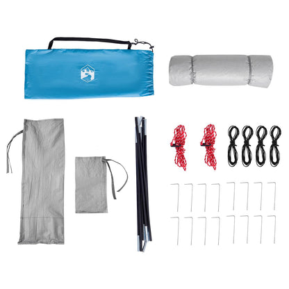 Blauwe vidaXL campingtent set met stokken, haringen en opbergtas, compleet overzicht.