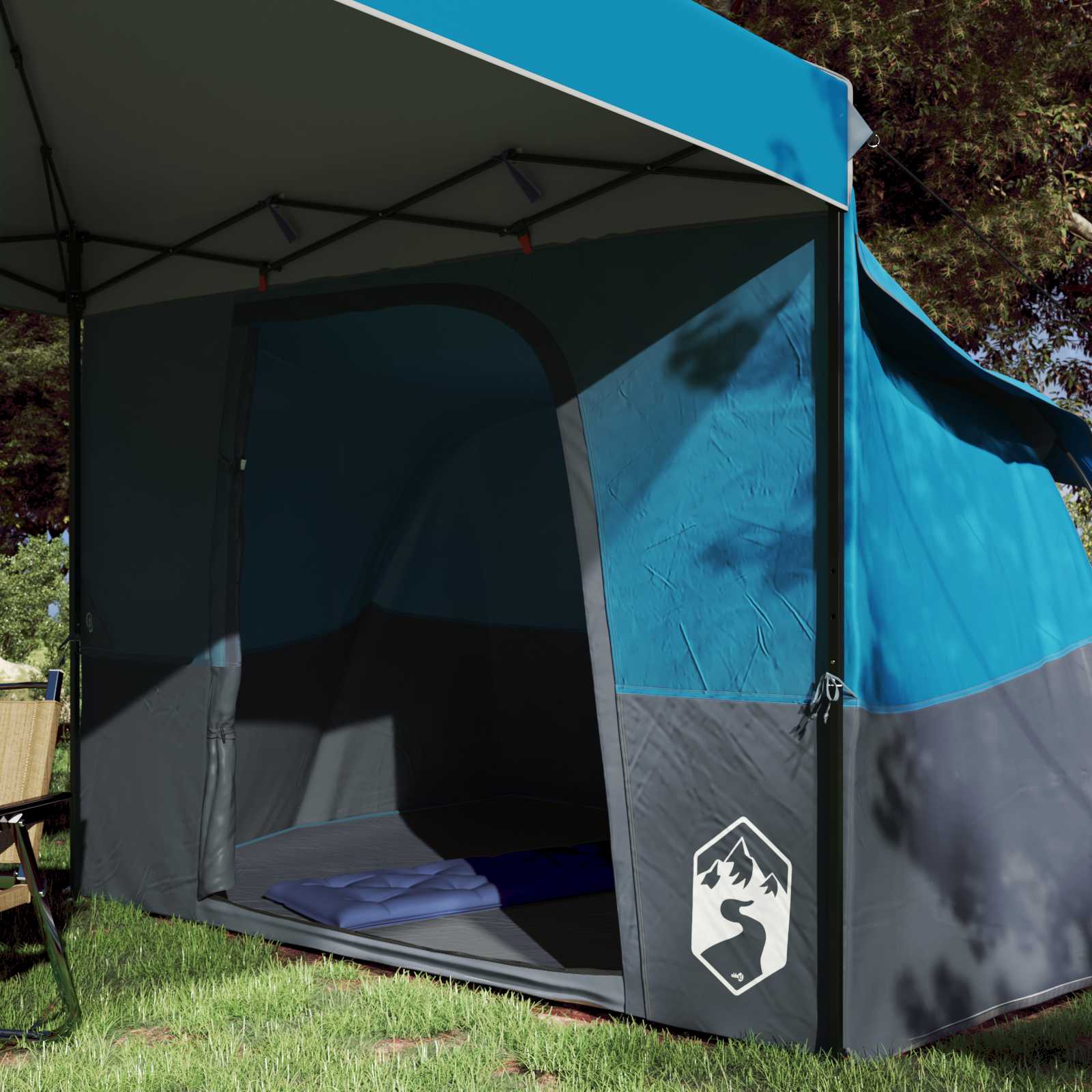 Zijaanzicht van de vidaXL campingtent met blauwe en grijze kleuren, ideaal voor buitengebruik.