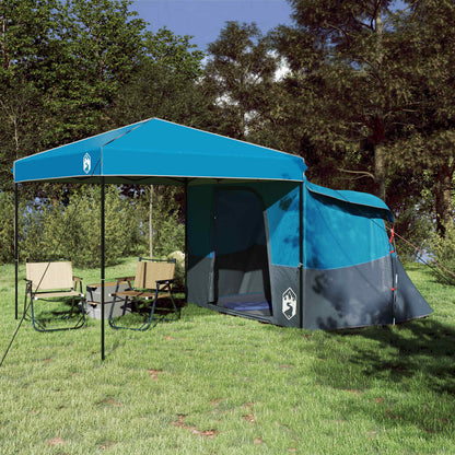 Blauwe vidaXL Camping Tent Set met dak, opgesteld in een groene omgeving.
