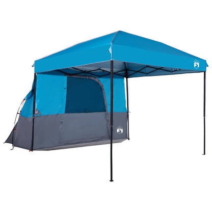 Detail van de vidaXL campingtent in blauw met een grijze ingang en open zijwand.
