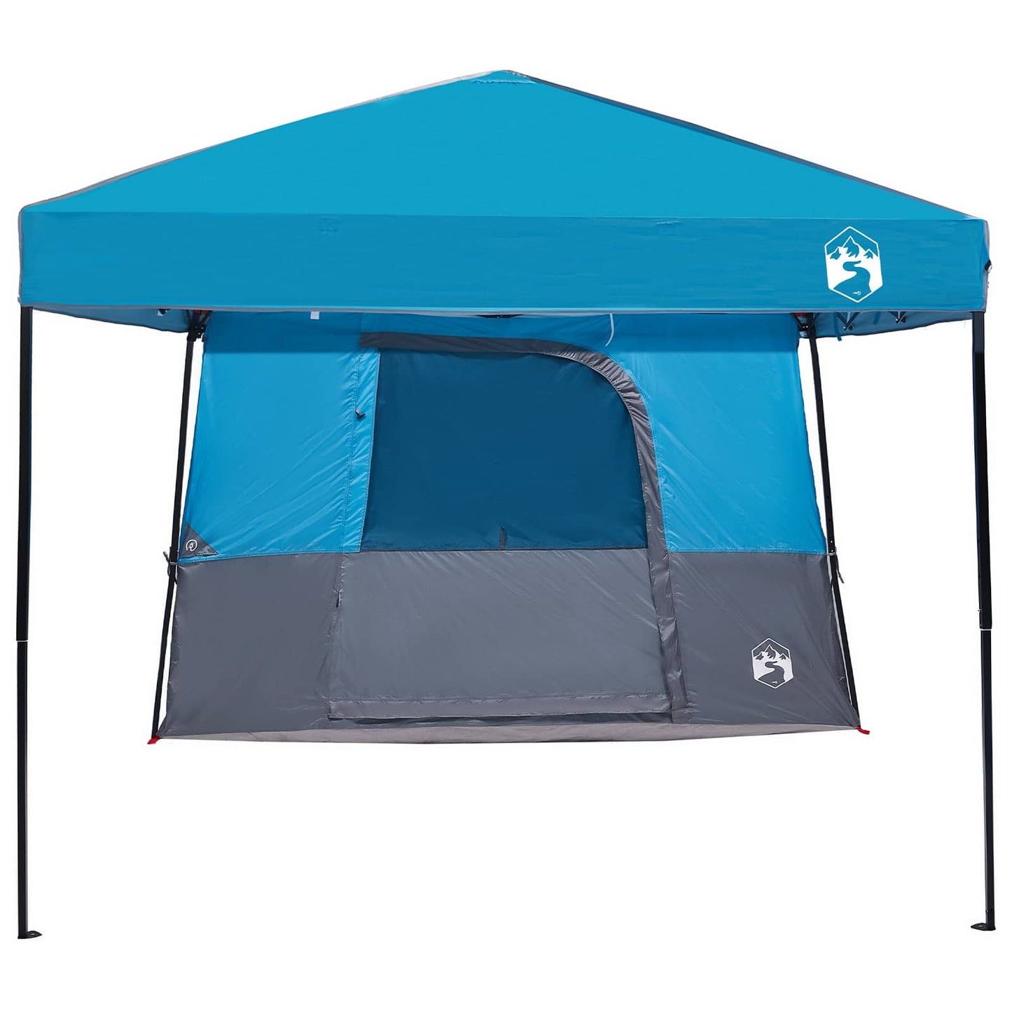 Zijaanzicht van de vidaXL campingtent in blauw met grijze details en open ingang.