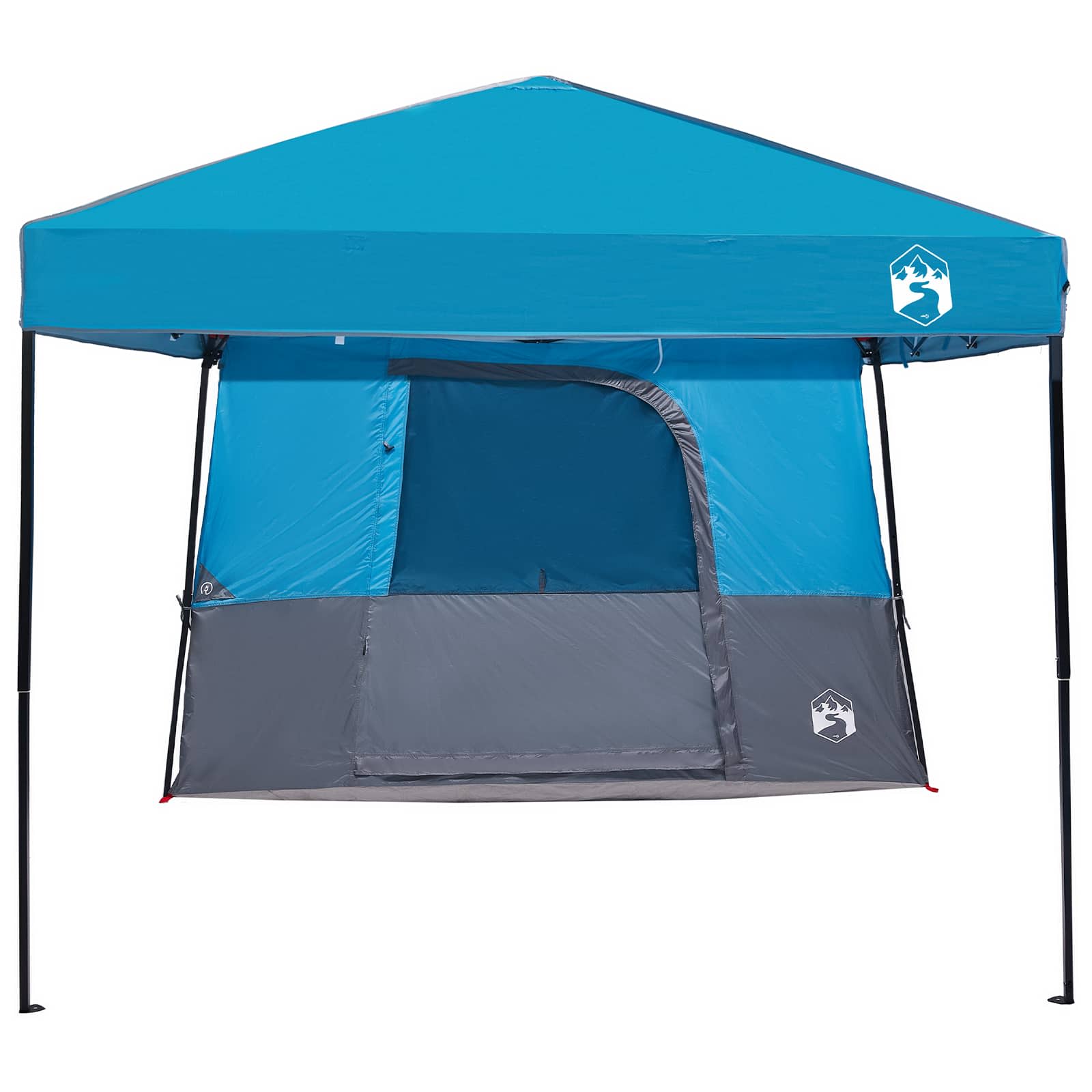 Zijaanzicht van de vidaXL campingtent in blauw met grijze details en open ingang.