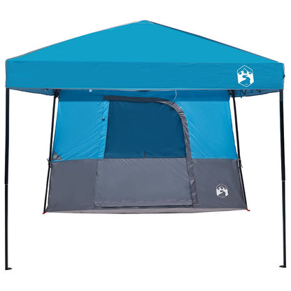 Zijaanzicht van de vidaXL campingtent in blauw met grijze details en open ingang.
