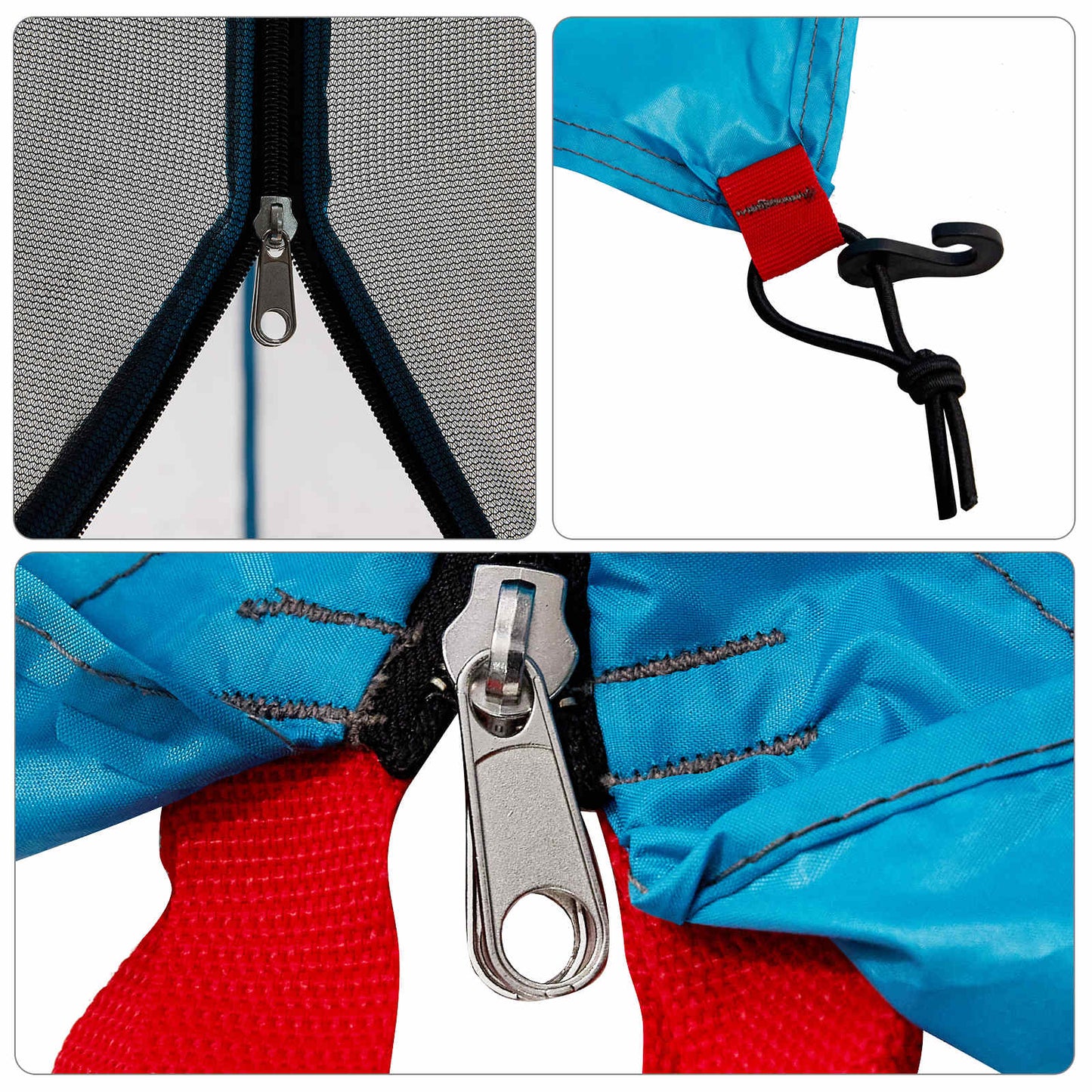 Detail van de rits en bevestigingsbanden van de vidaXL Camping Tent Set in blauw.