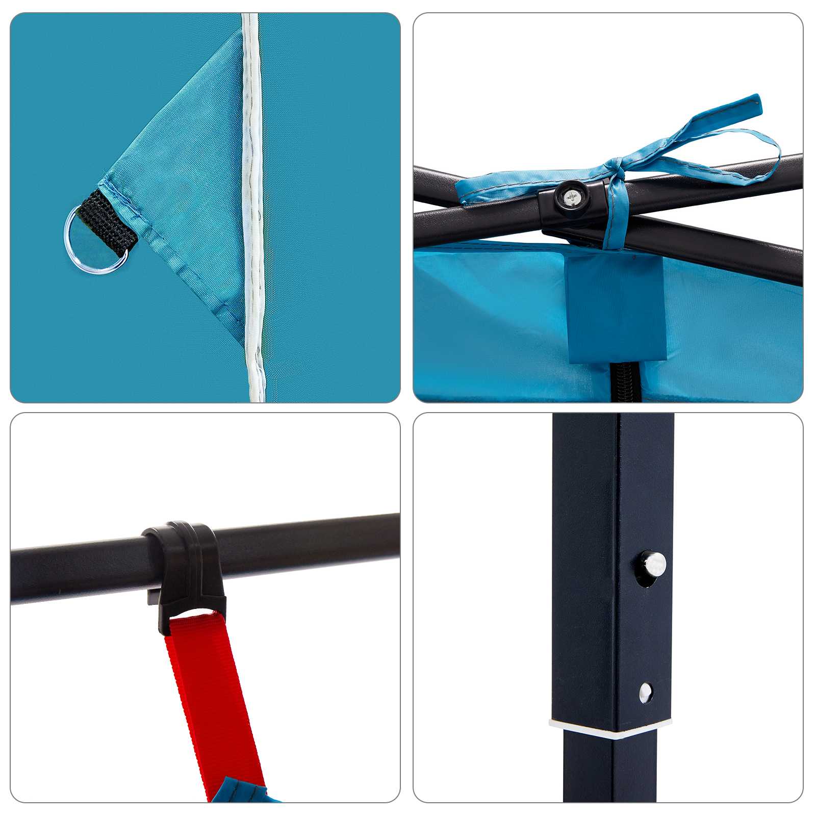 Detail van de bevestiging en hoeken van de vidaXL Camping Tent Set in blauw taffeta.
