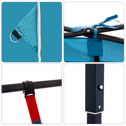 Detail van de bevestiging en hoeken van de vidaXL Camping Tent Set in blauw taffeta.