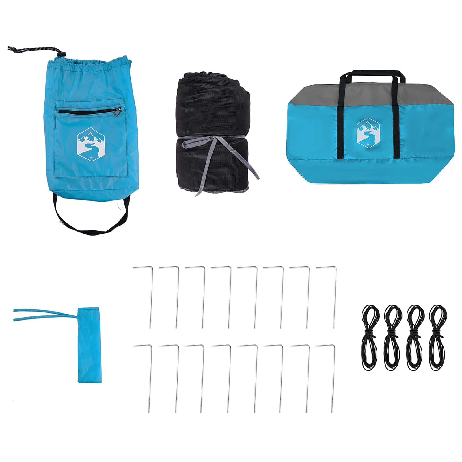 Detail van de vidaXL Camping Tent Set in blauw, inclusief opbergzak en haringen.