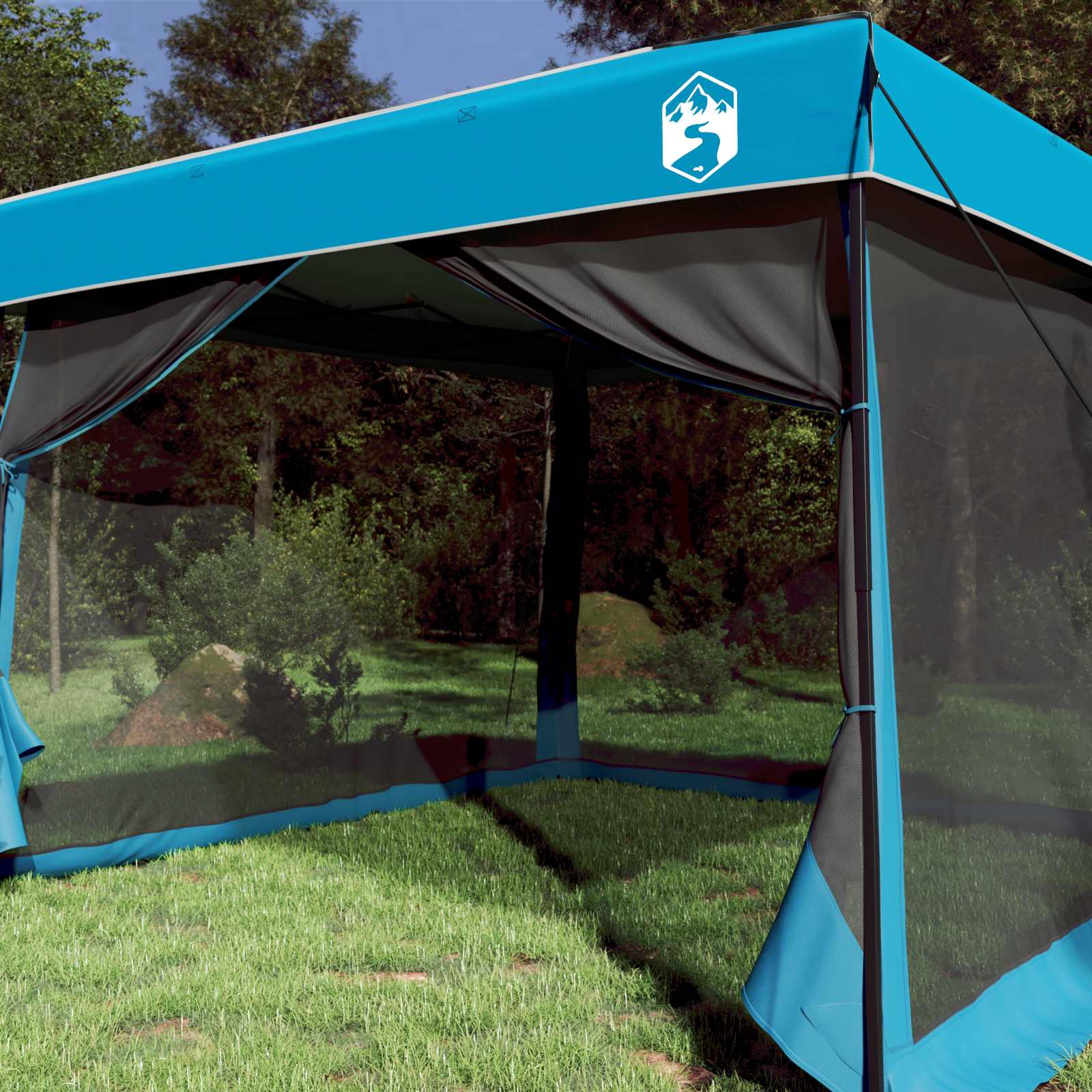 Detail van de vidaXL Camping Tent Set in blauw, met een open zijaanzicht en gaasramen.
