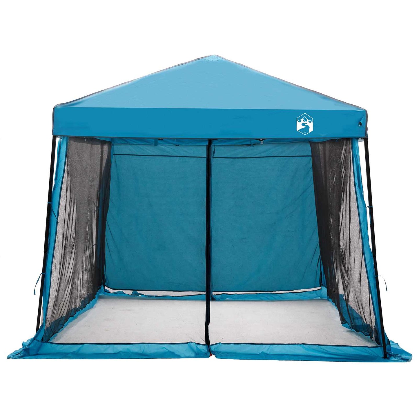 Blauwe vidaXL campingtent met open voorkant en gaasramen voor ventilatie.
