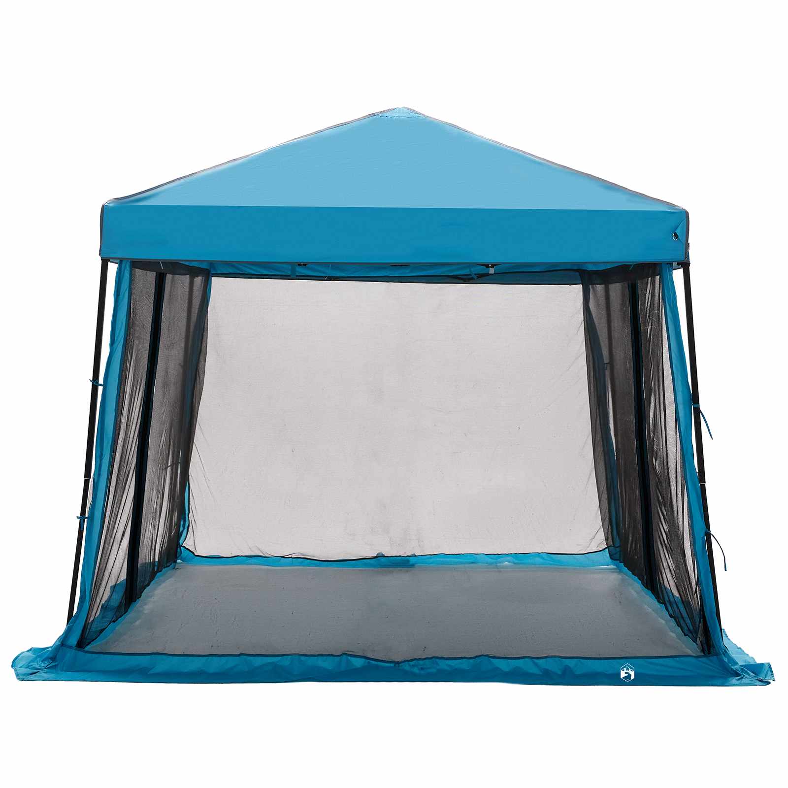 Detail van de blauwe vidaXL campingtent met gaaswand en schaduwdoek, vooraanzicht.