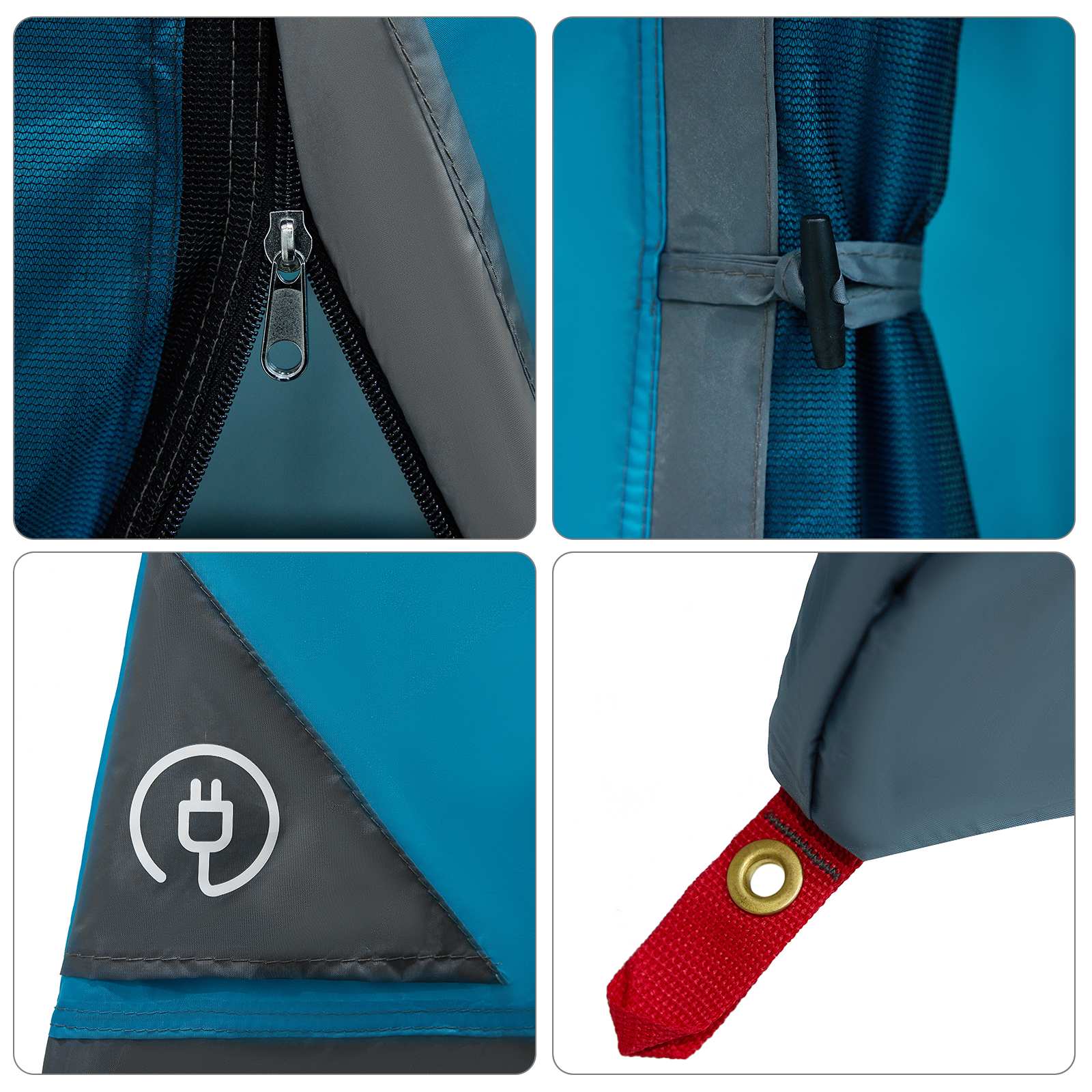 Detail van de rits en bevestigingspunten van de vidaXL campingtent in blauw.