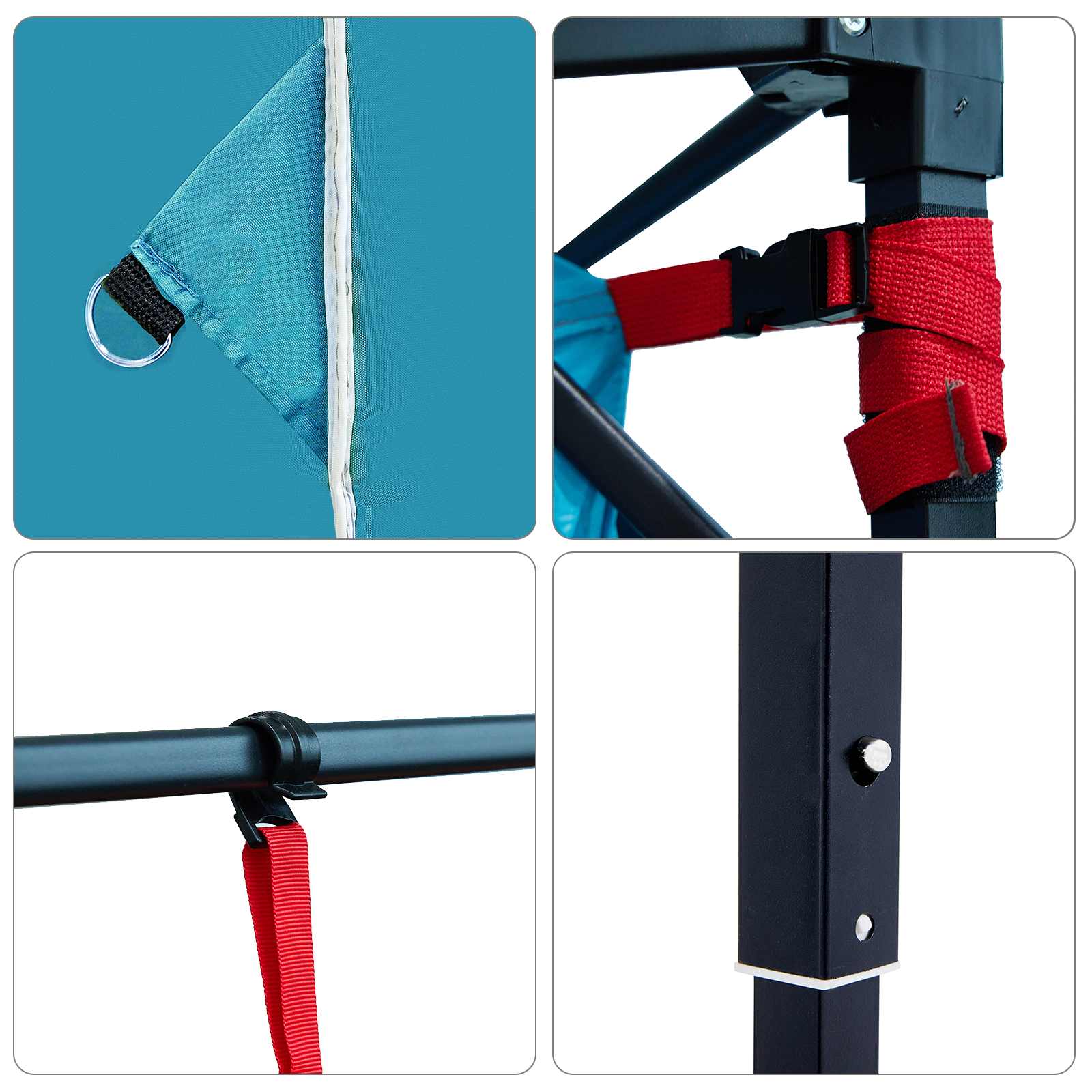 Detail van bevestigingsmechanismen en stang van de vidaXL campingtentset in blauw en rood.