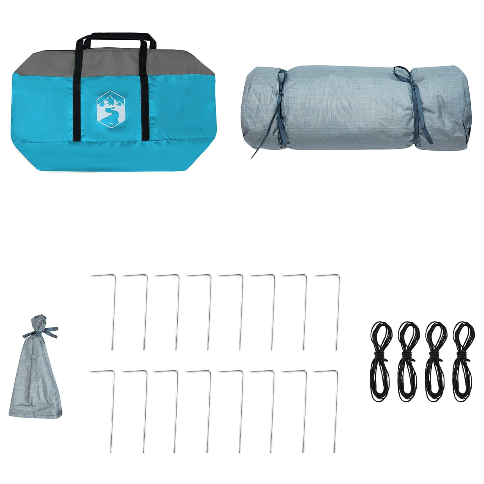 Blauwe vidaXL campingtentset met tas, haringen en bevestigingslijnen.