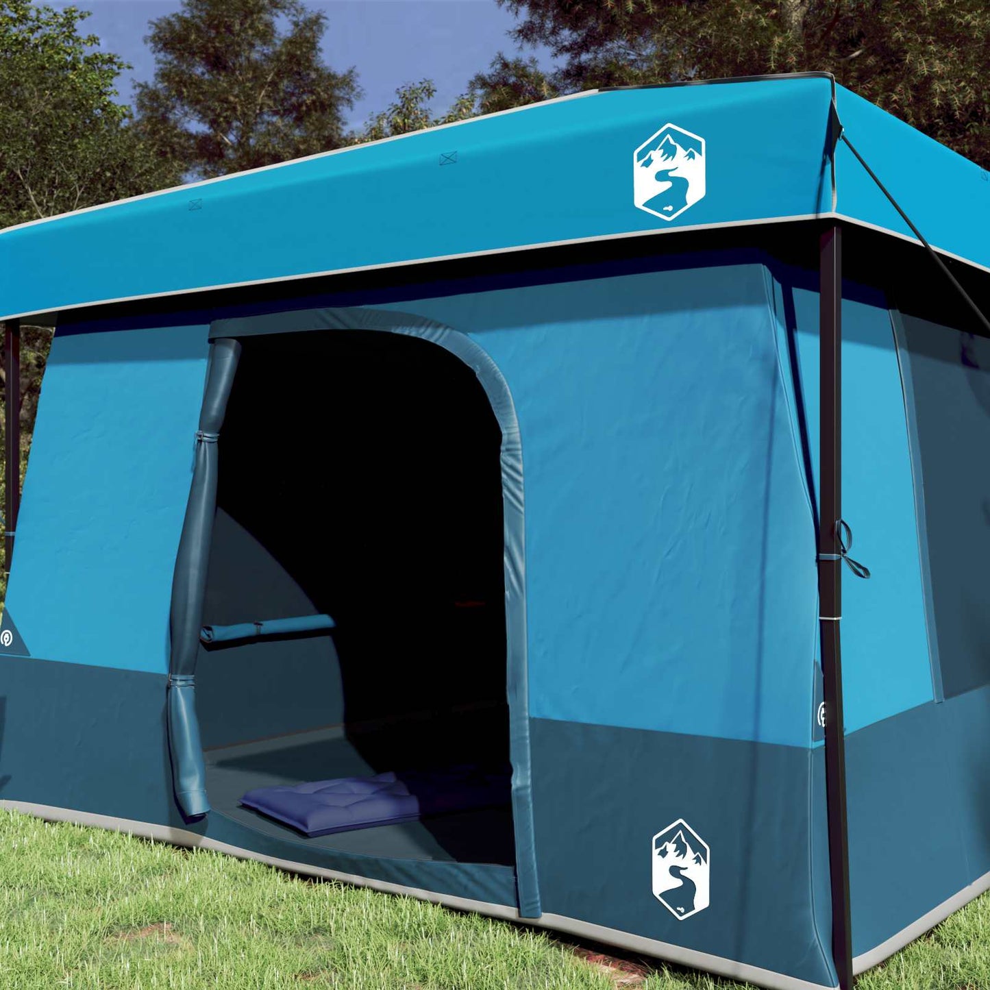 Zijaanzicht van de vidaXL campingtent in blauw met open ingang en stevige structuur.