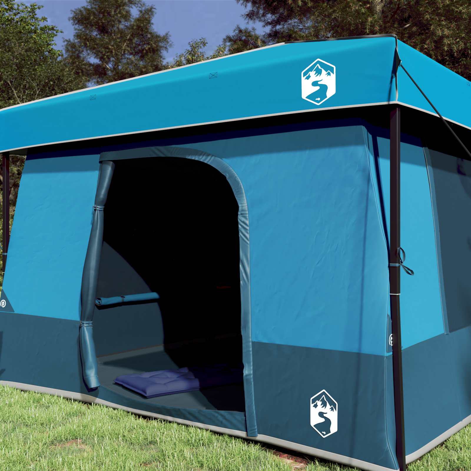 Zijaanzicht van de vidaXL campingtent in blauw met open ingang en stevige structuur.