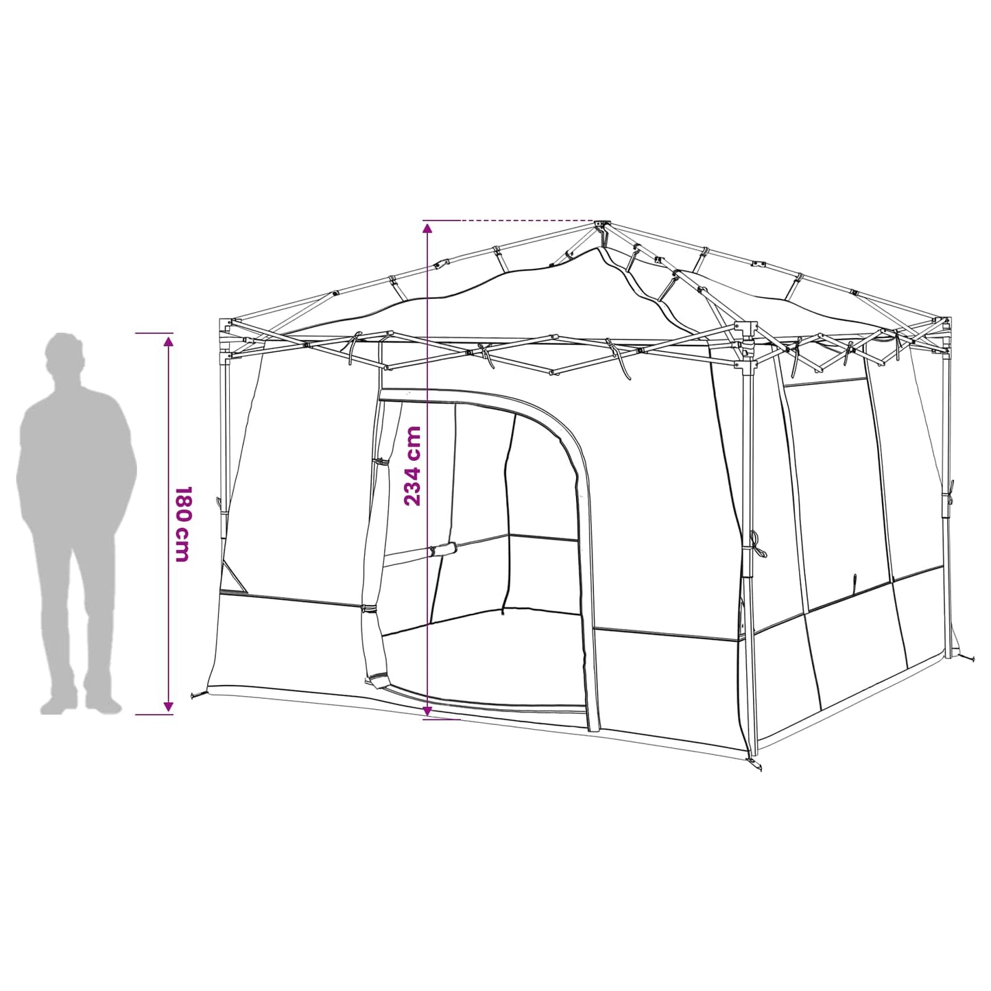 Zijaanzicht van de vidaXL campingtent met afmetingen en deuropening.
