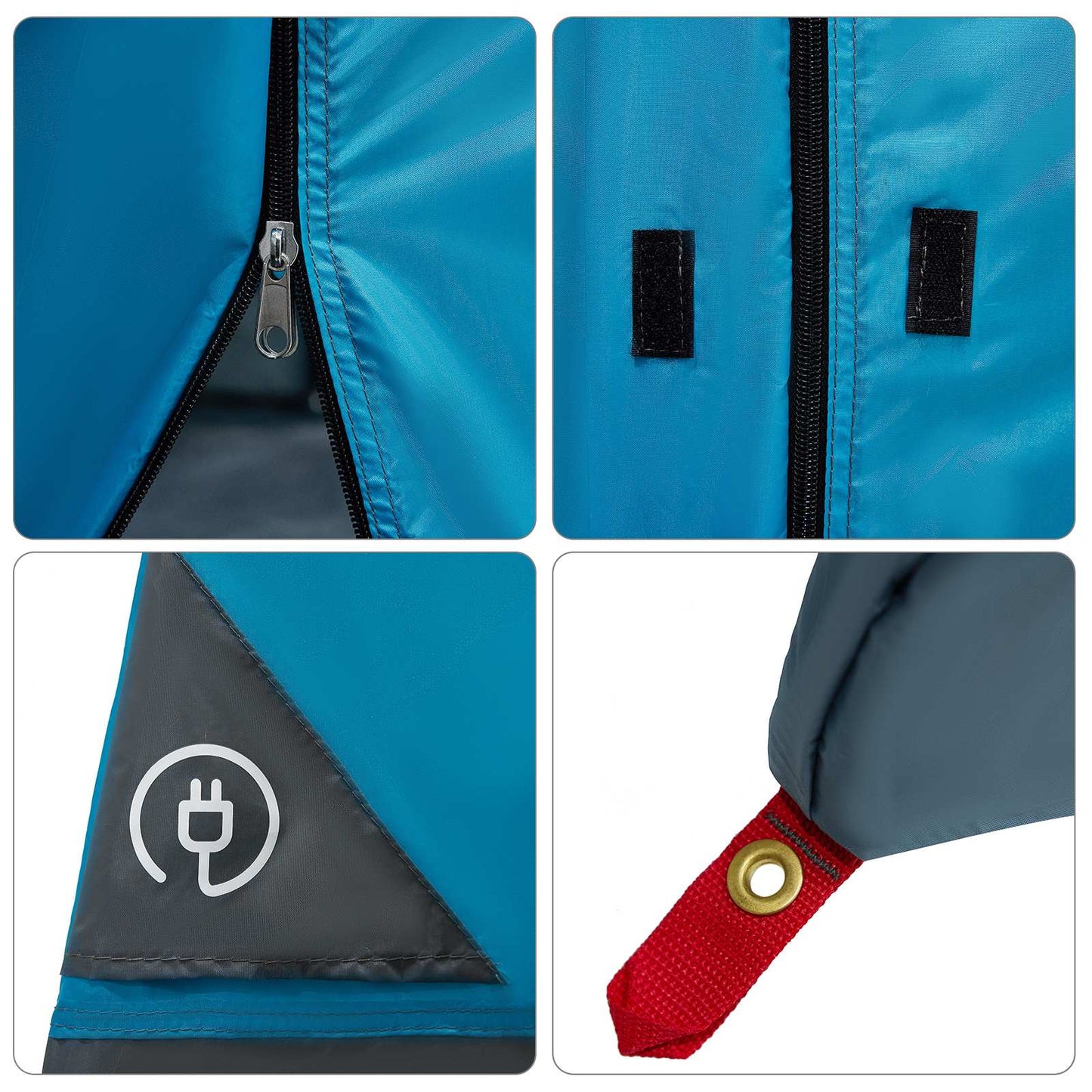 Detail van de rits en bevestigingspunten van de vidaXL 2-persoons tent in blauw.