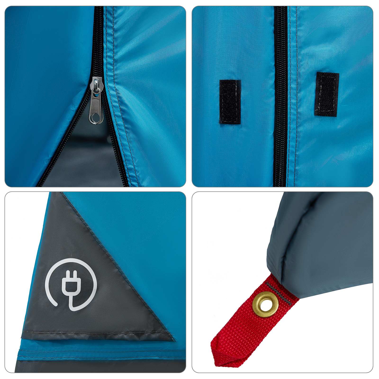 Detail van de rits en bevestigingspunten van de vidaXL 2-persoons tent in blauw.