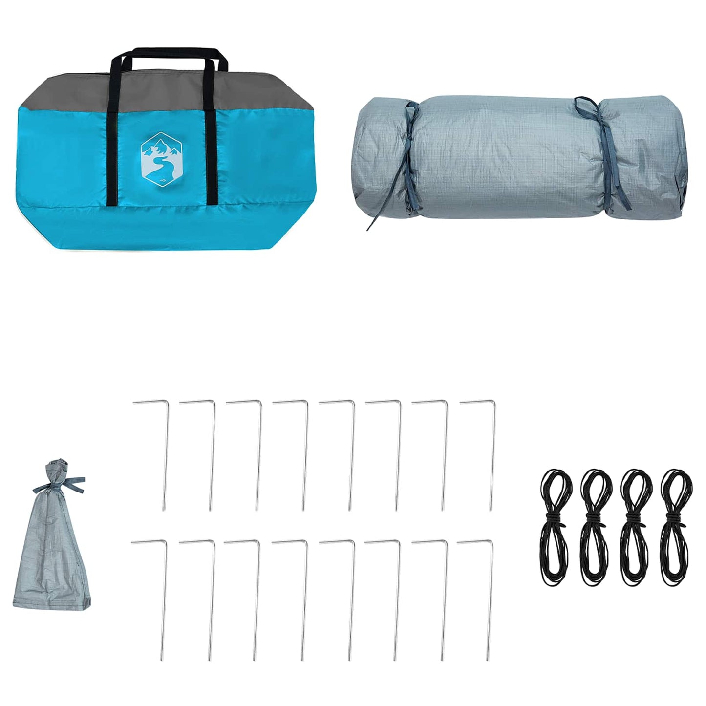 Blauwe vidaXL camping tent set met tas, haringen en bevestigingslijnen.