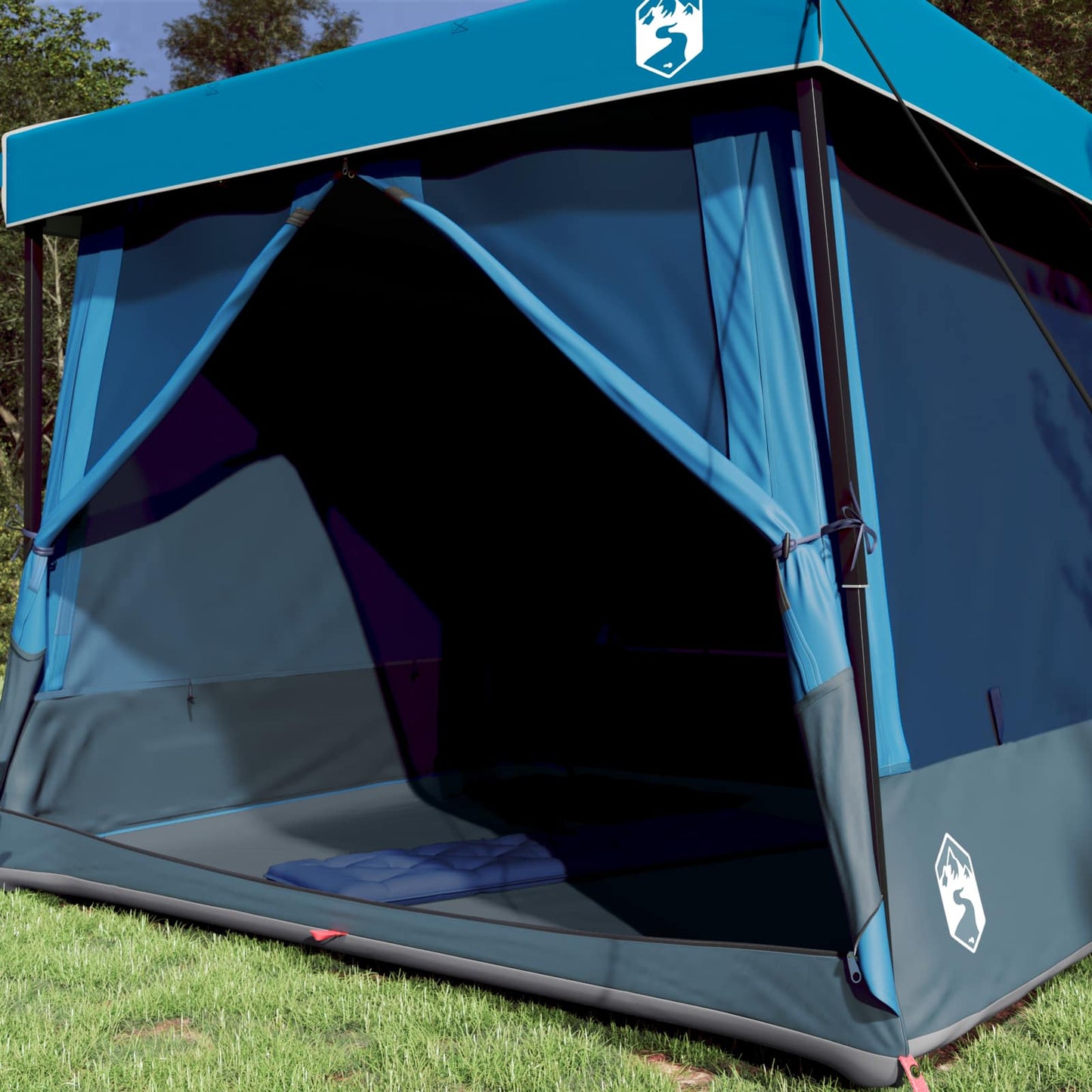 Detail van de blauwe vidaXL campingtent met open ritssluiting en ruime binnenruimte.