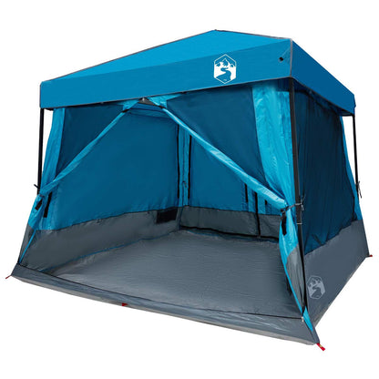 Zijaanzicht van de vidaXL 2 persoons campingtent in blauw, met open ingangen.