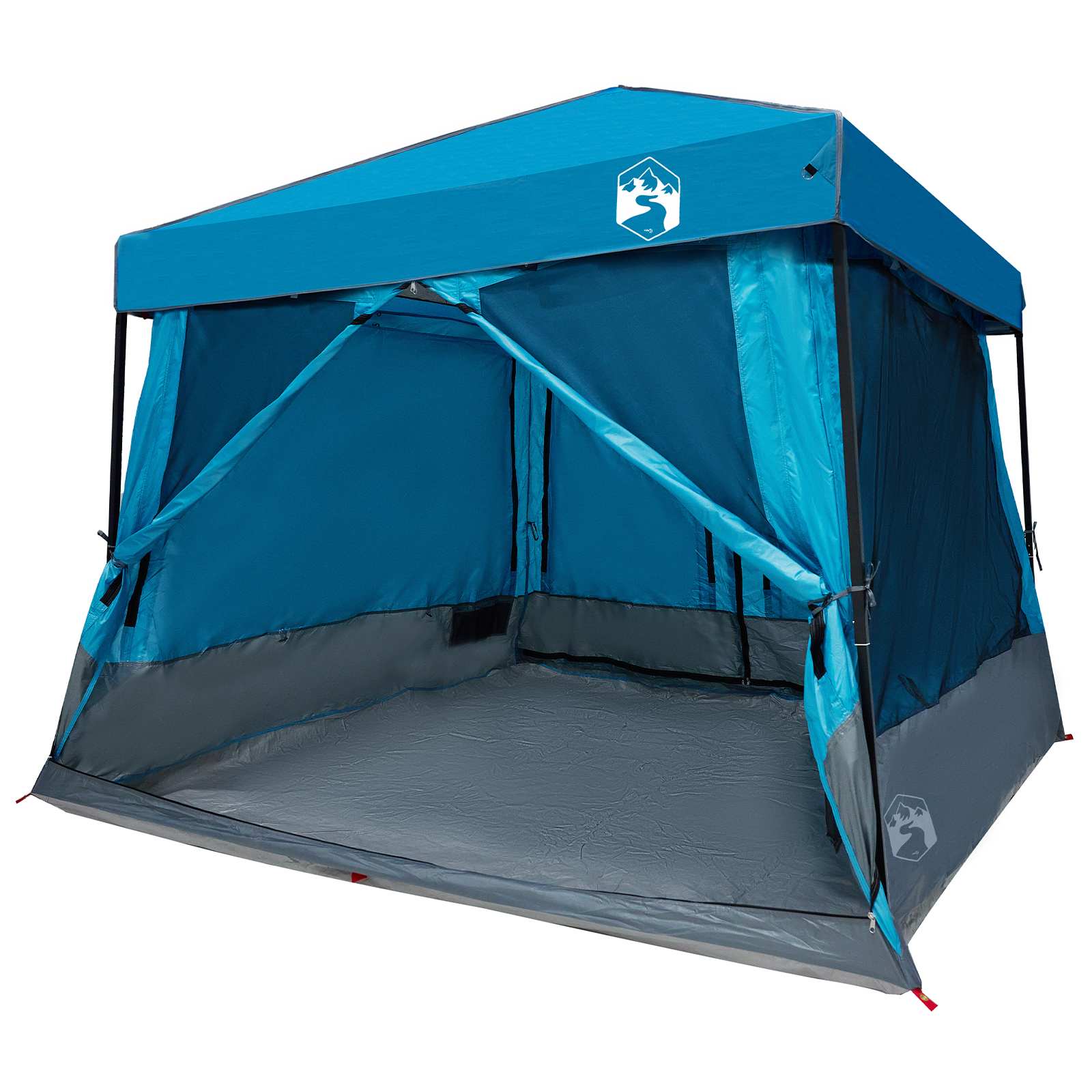 Detail van de blauwe vidaXL campingtent met open ritssluiting en ruime binnenruimte.