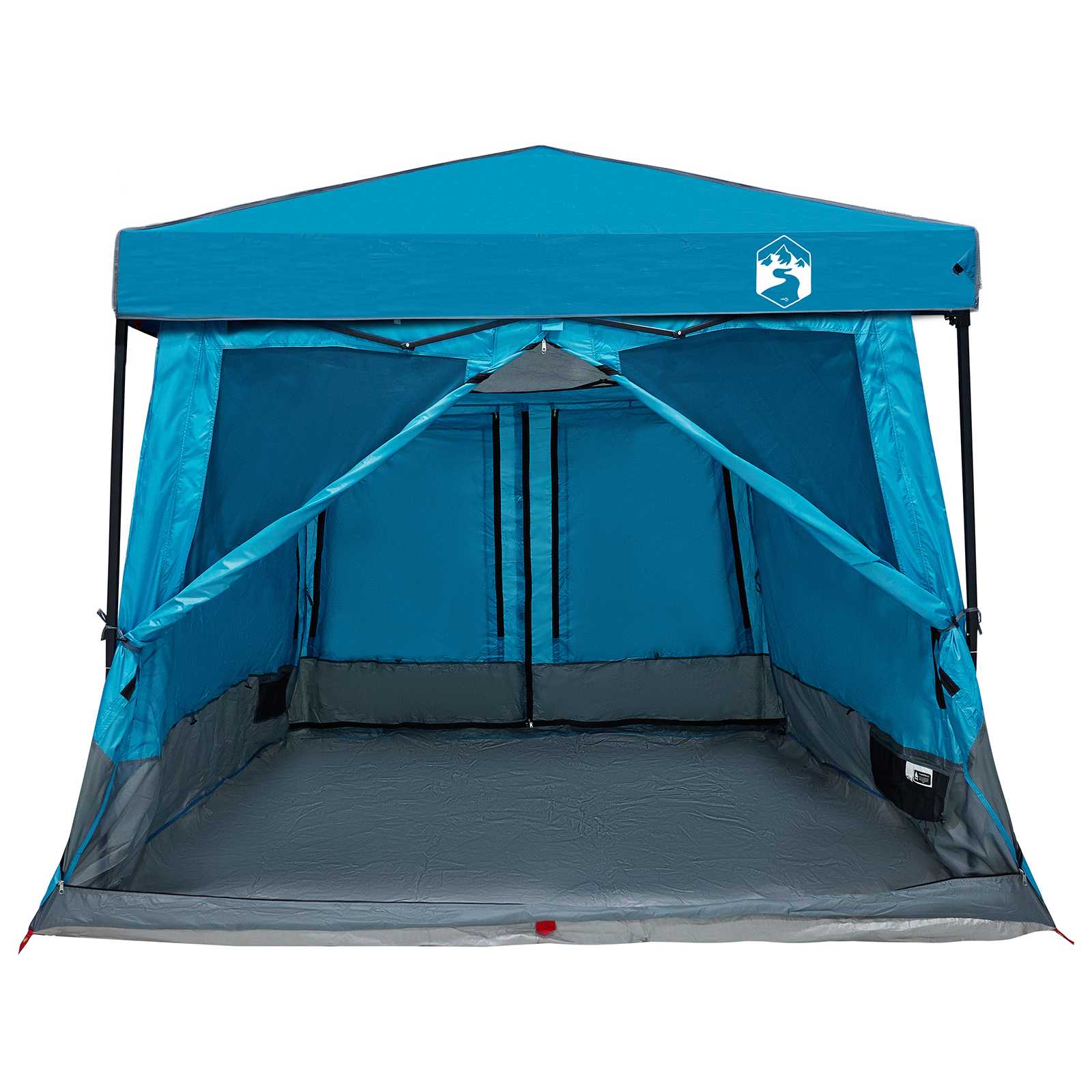 Zijaanzicht van de vidaXL 2-persoons campingtent in blauw met open ingangen.