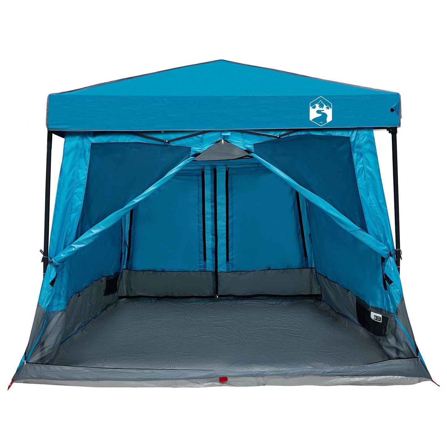 Zijaanzicht van de blauwe vidaXL campingtent met open ritssluitingen en ruime binnenruimte.